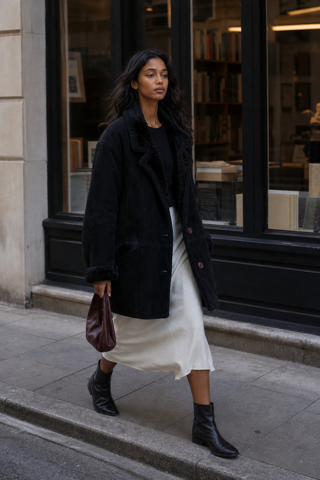 Naomi wearing a black oversized shearling coat in a precise street-style look.