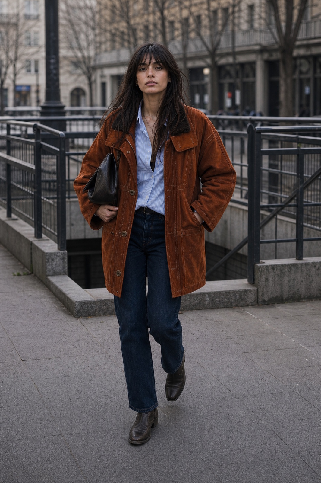 Ines wearing a tobacco shearling coat with quiet utility layers.