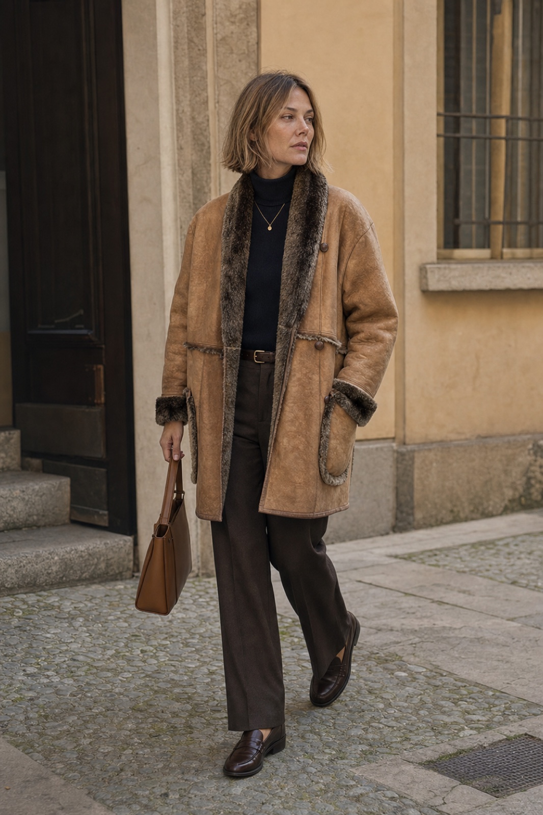 Margot wearing a tan mouflon coat with pared-back winter pieces.