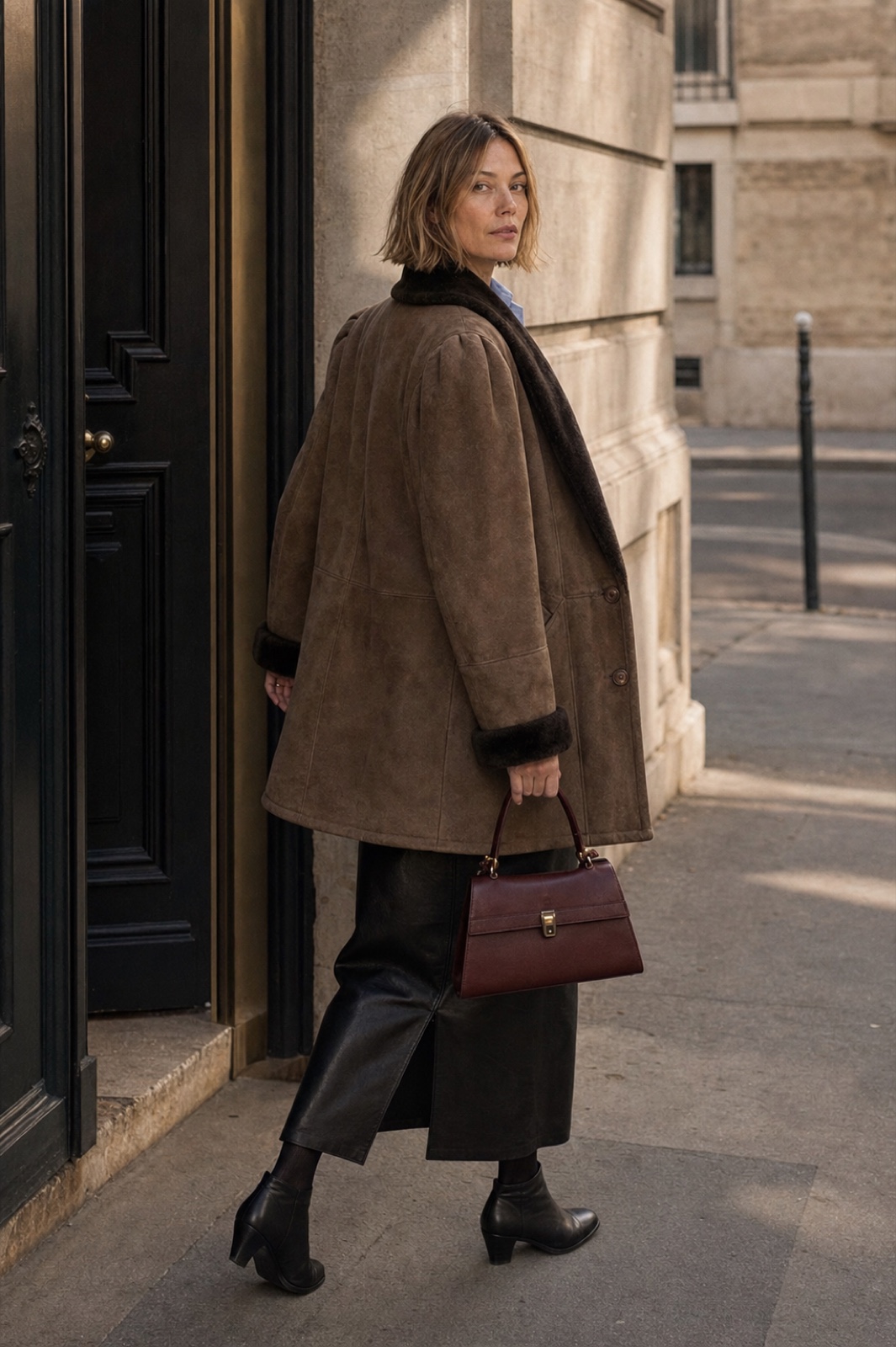 Margot wearing a sculptural taupe shearling coat with a black leather midi skirt.